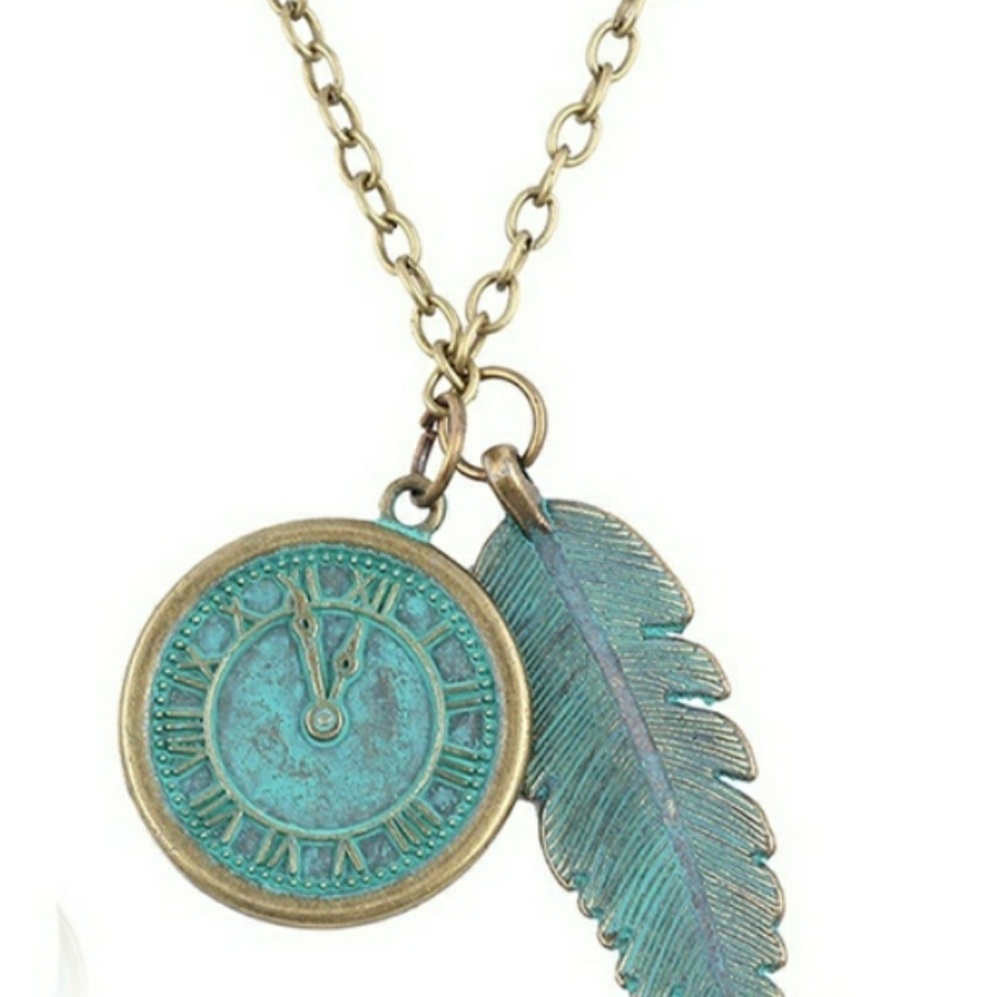 Retro Bronze Clock & Leaf Necklace Set